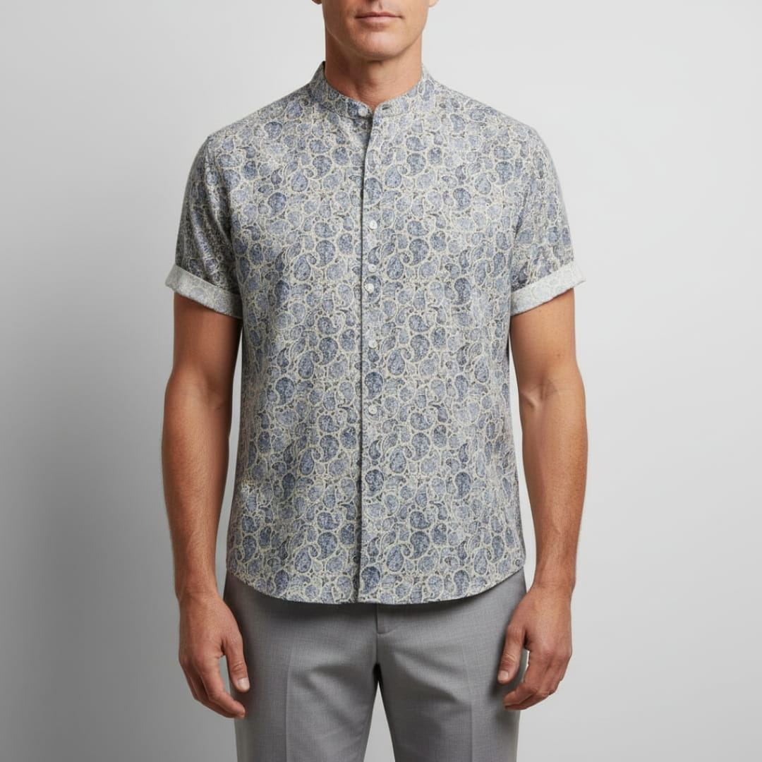 Matthew Men’s Short Sleeve Linen Shirt – Floral Print with Mandarin Collar