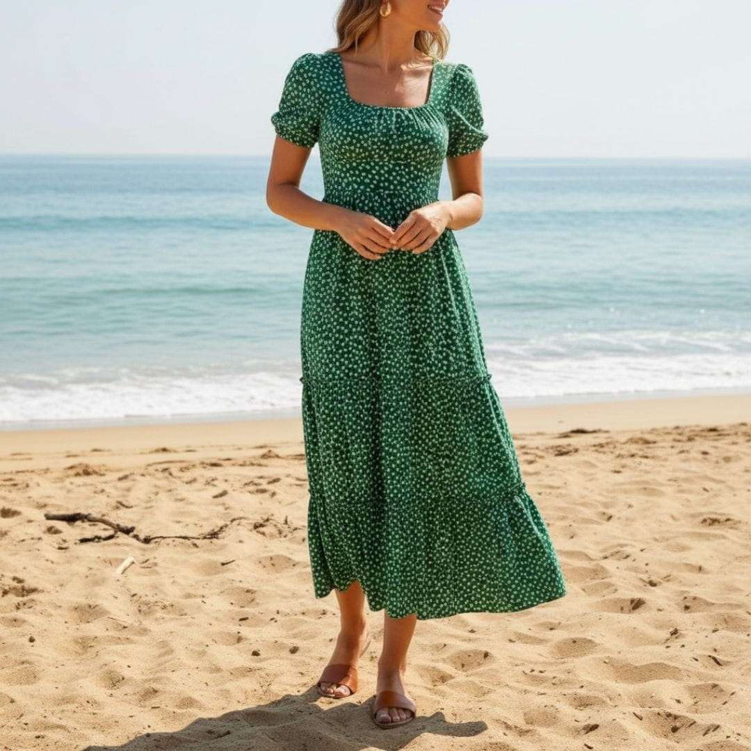 Celestine Floral Cotton Midi Dress – Square Neck Tiered Summer Dress
