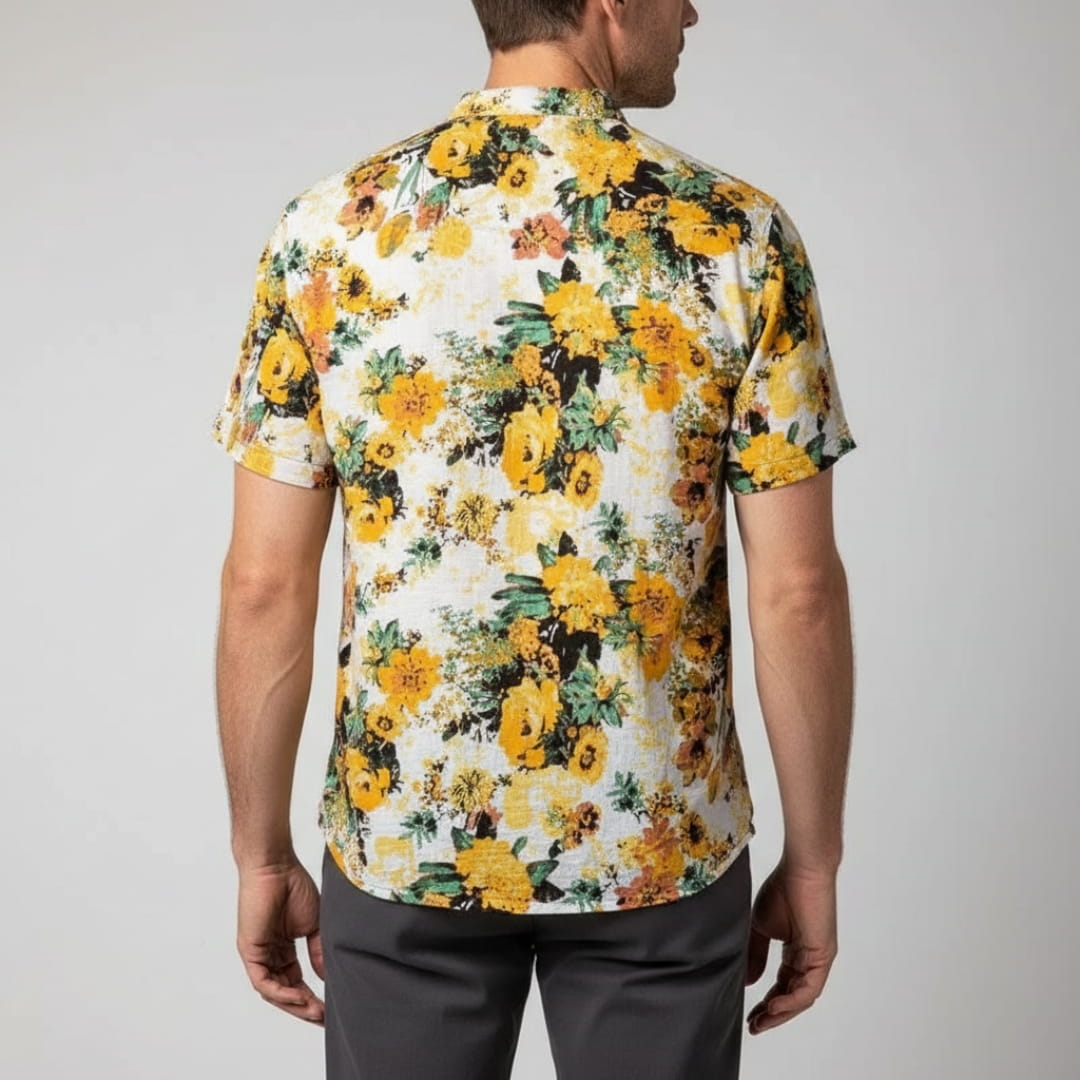 Matthew Men’s Short Sleeve Linen Shirt – Floral Print with Mandarin Collar