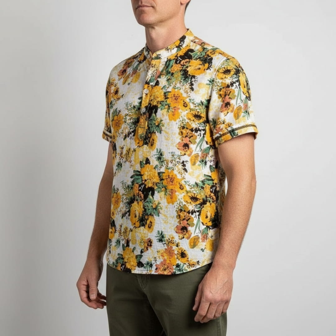 Matthew Men’s Short Sleeve Linen Shirt – Floral Print with Mandarin Collar
