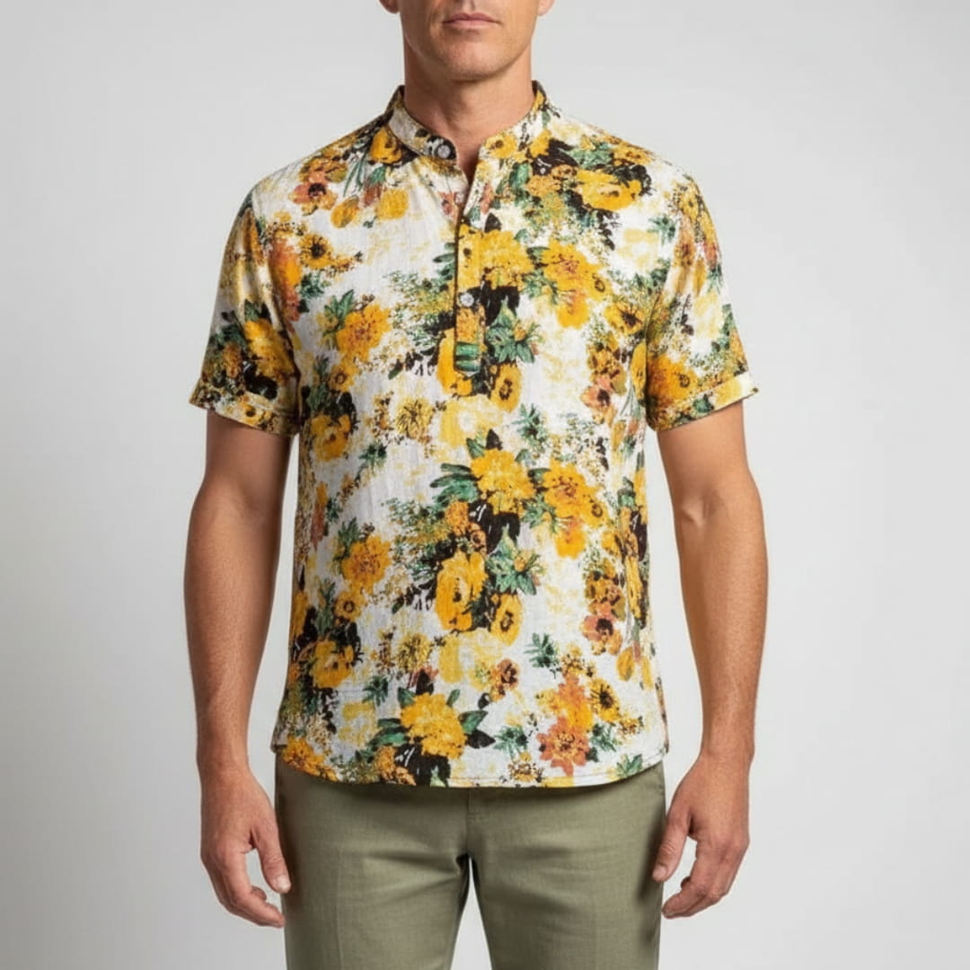 Matthew Men’s Short Sleeve Linen Shirt – Floral Print with Mandarin Collar