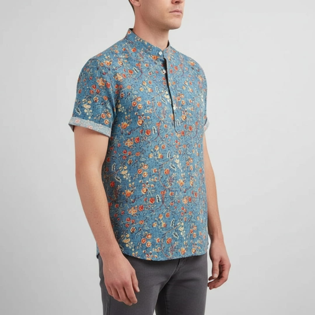 Matthew Men’s Short Sleeve Linen Shirt – Floral Print with Mandarin Collar