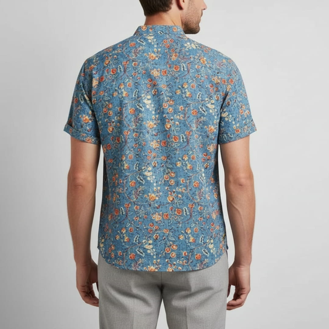 Matthew Men’s Short Sleeve Linen Shirt – Floral Print with Mandarin Collar