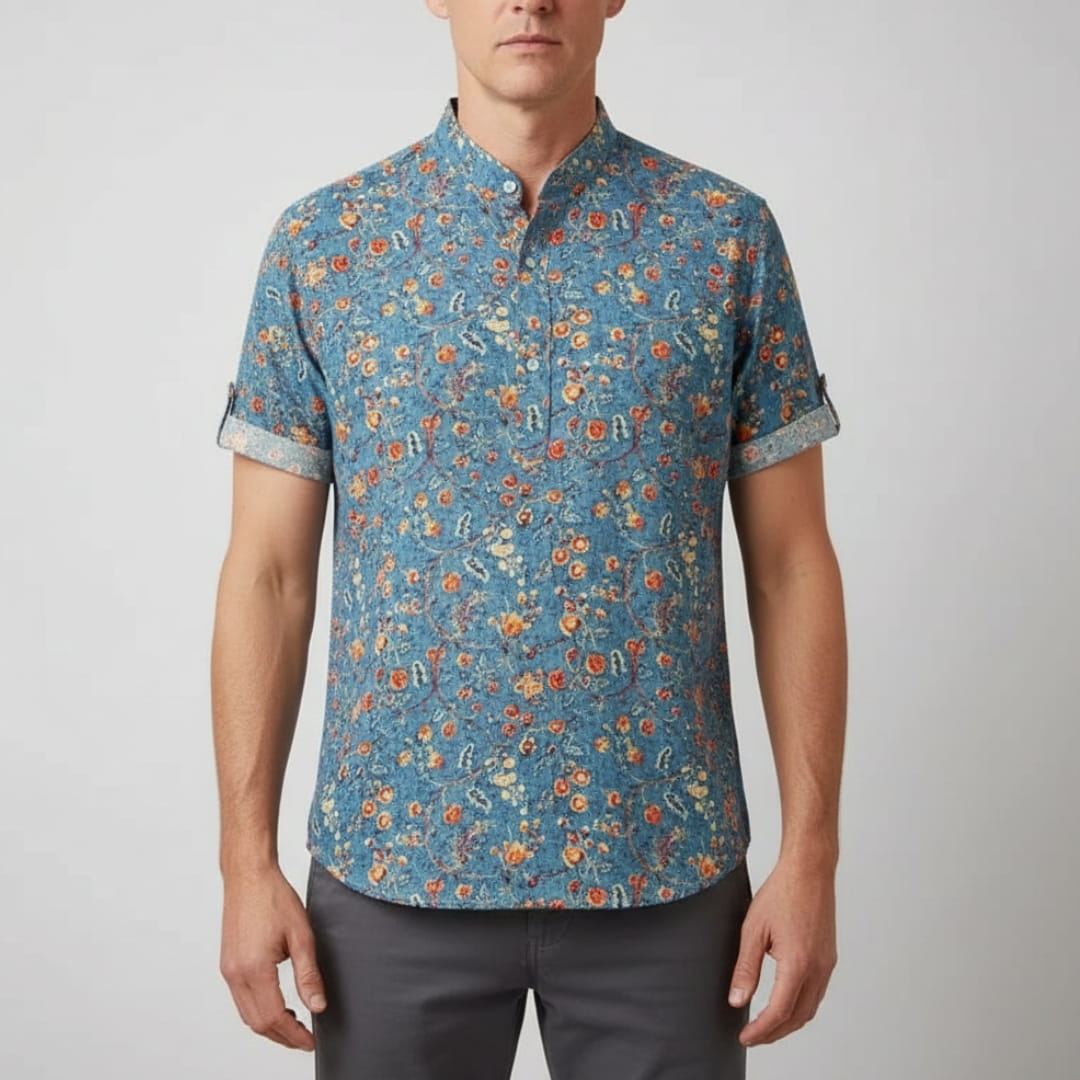 Matthew Men’s Short Sleeve Linen Shirt – Floral Print with Mandarin Collar