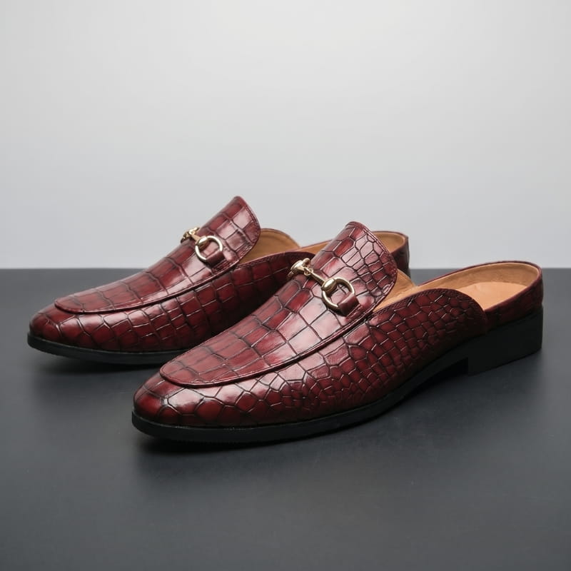 Rafael Leather Mule Clogs – Croc-Embossed Gold-Tone Slip-On Footwear