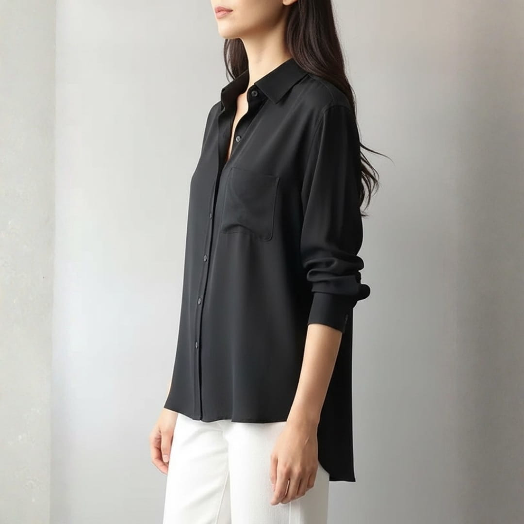 Marian Women’s Silk Blouse – Contrast Collar with Button-Front Design