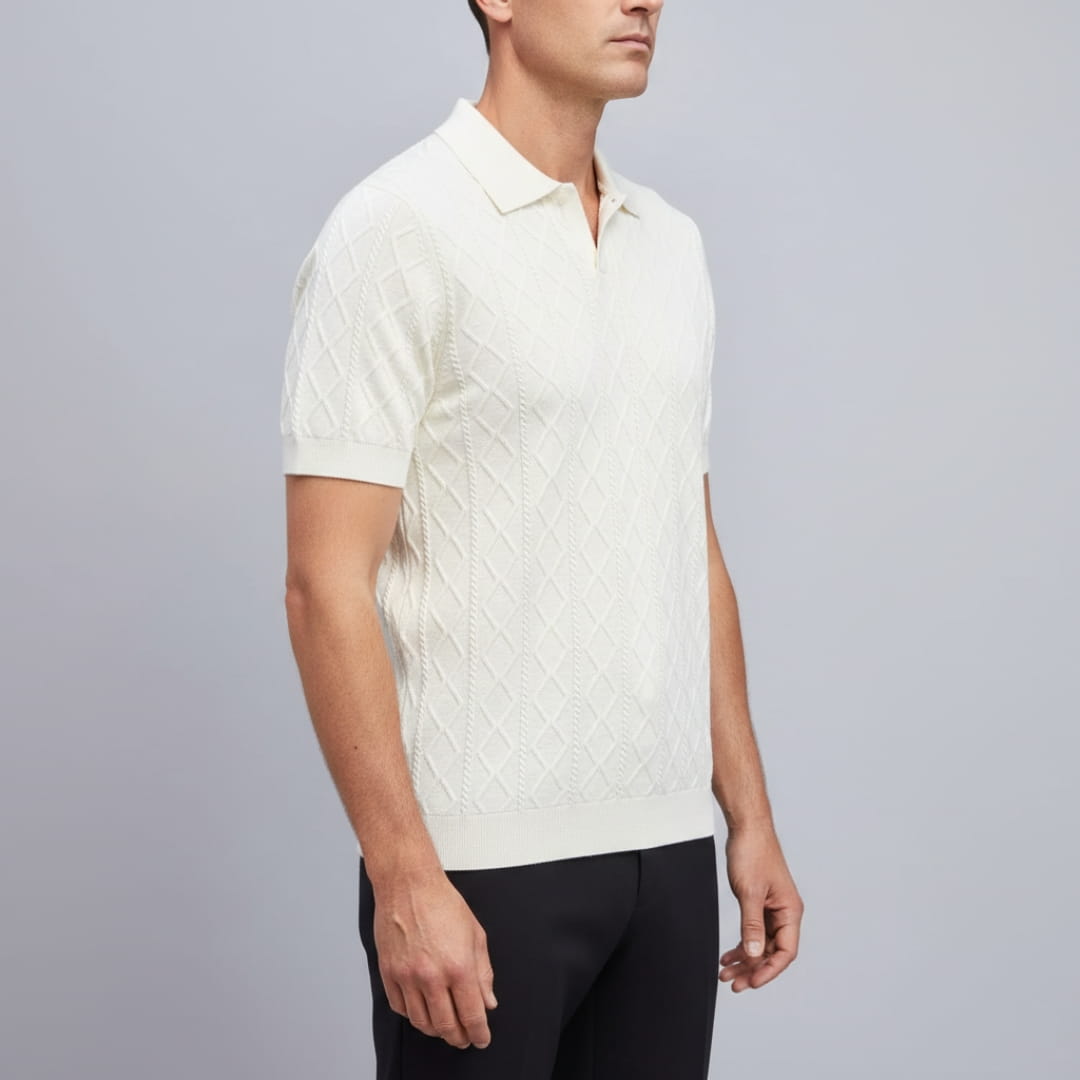 Earl Men’s Short Sleeve Knitted Shirt – Lightweight Diamond Pattern