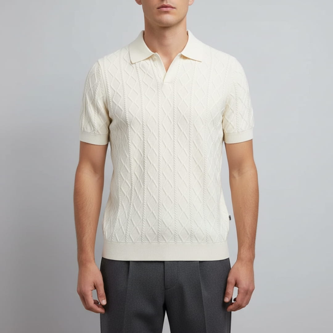 Earl Men’s Short Sleeve Knitted Shirt – Lightweight Diamond Pattern
