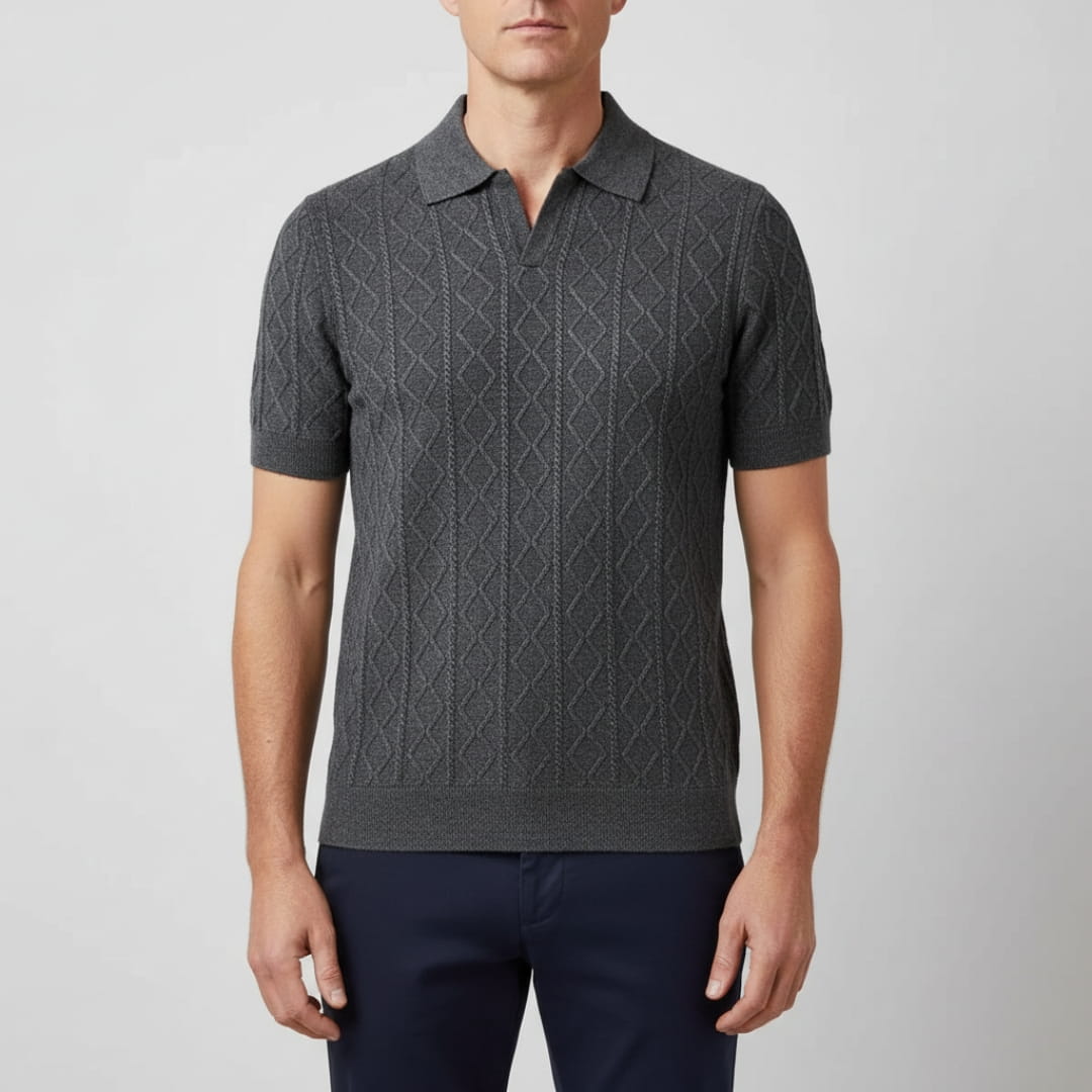 Earl Men’s Short Sleeve Knitted Shirt – Lightweight Diamond Pattern
