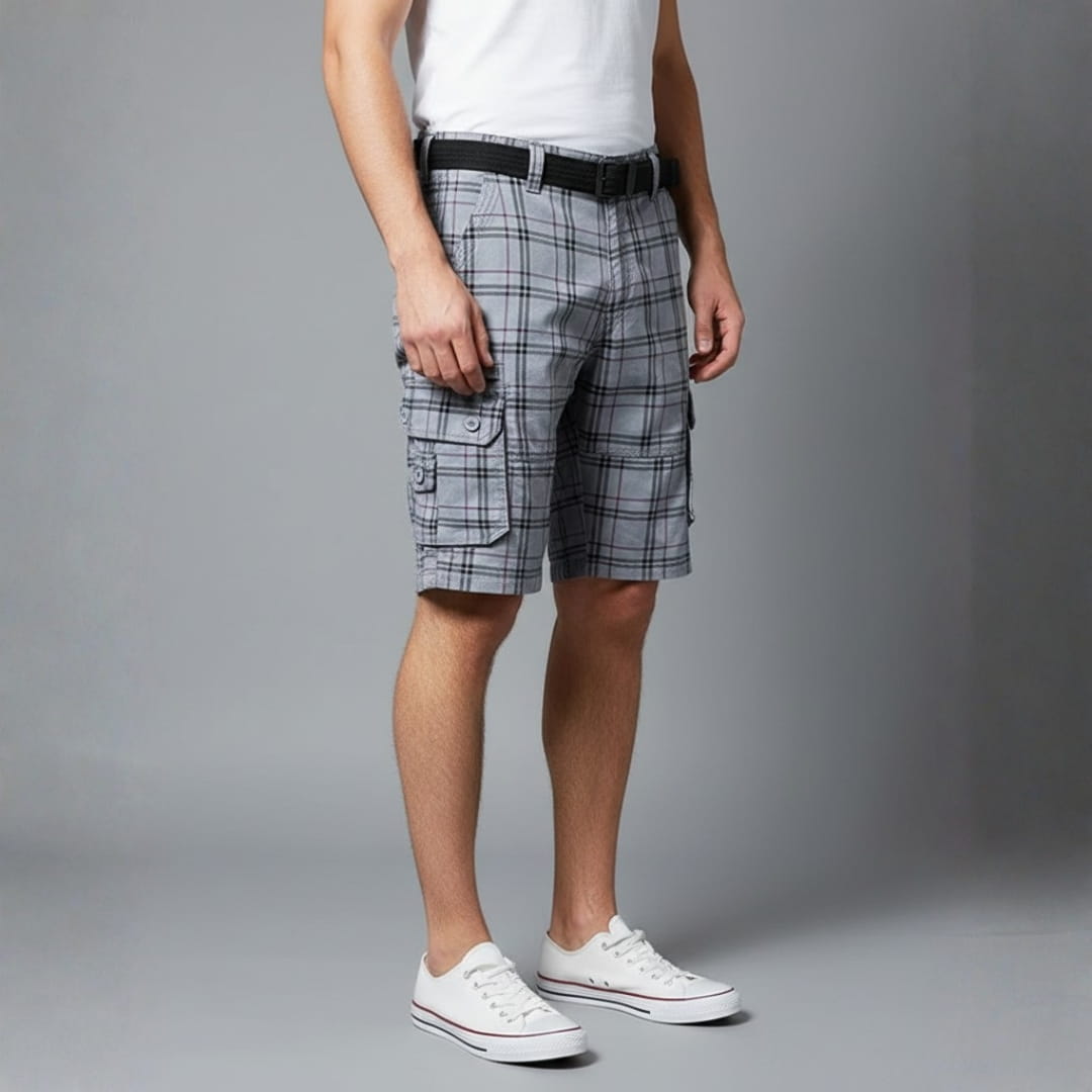 Armando Cotton Blend Check Cargo Shorts – Lightweight Belted Summer Shorts