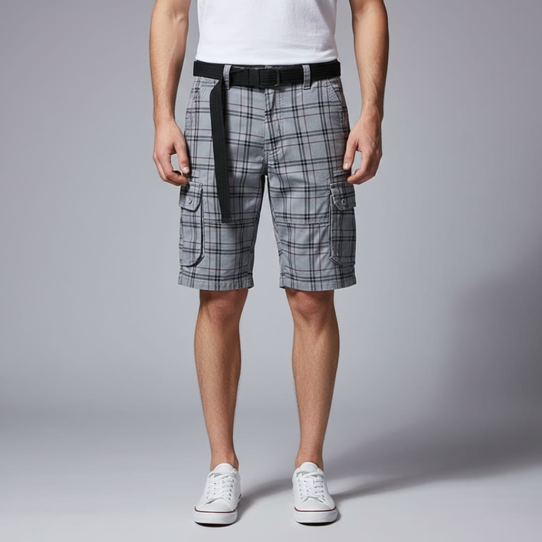 Armando Cotton Blend Check Cargo Shorts – Lightweight Belted Summer Shorts