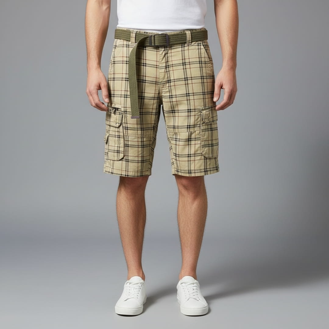 Armando Cotton Blend Check Cargo Shorts – Lightweight Belted Summer Shorts