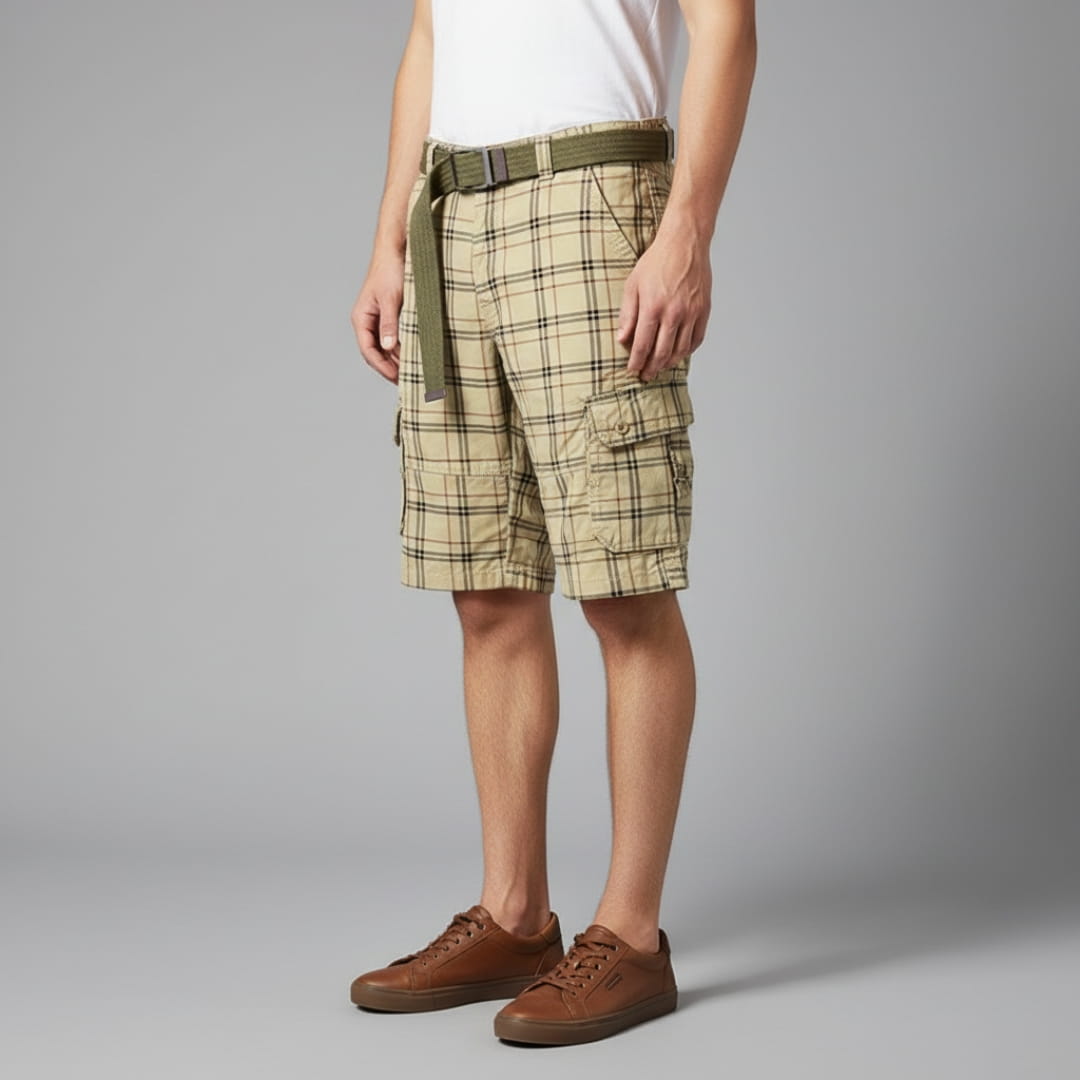 Armando Cotton Blend Check Cargo Shorts – Lightweight Belted Summer Shorts