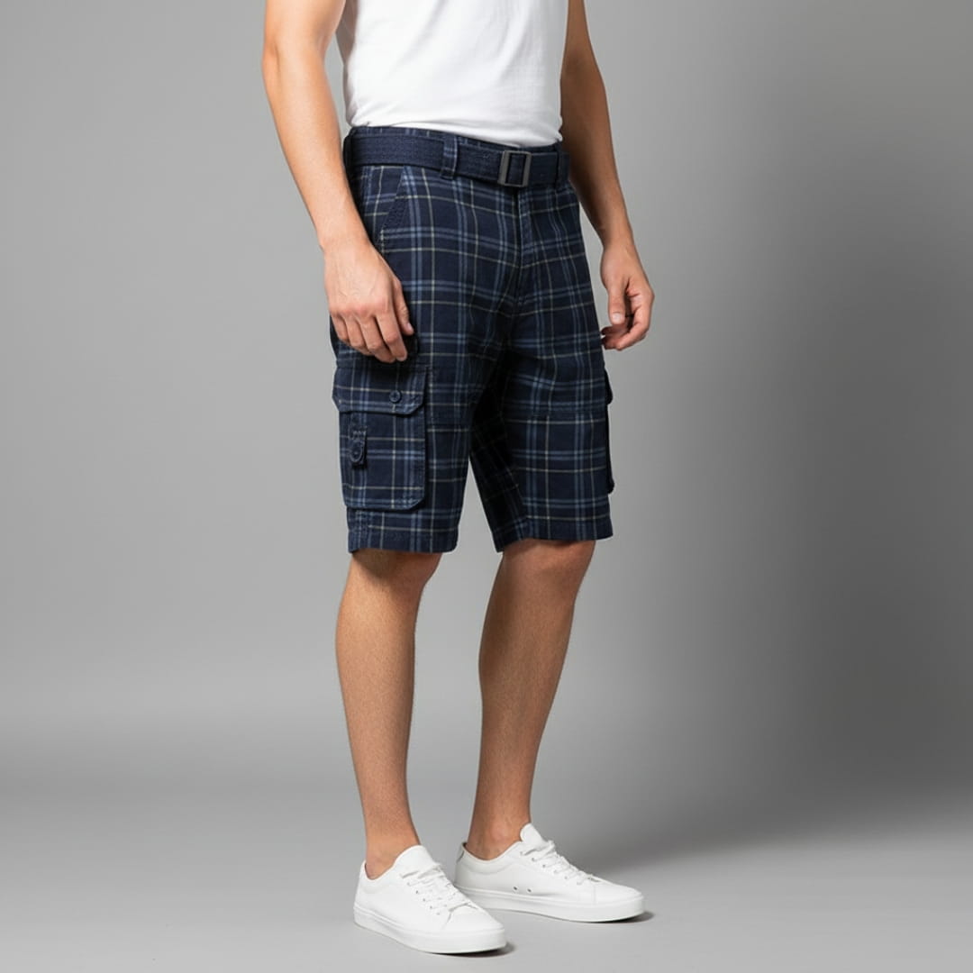 Armando Cotton Blend Check Cargo Shorts – Lightweight Belted Summer Shorts