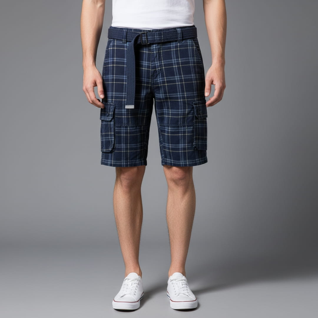 Armando Cotton Blend Check Cargo Shorts – Lightweight Belted Summer Shorts
