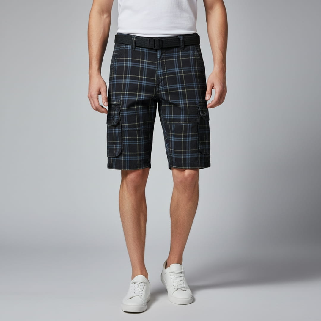 Armando Cotton Blend Check Cargo Shorts – Lightweight Belted Summer Shorts
