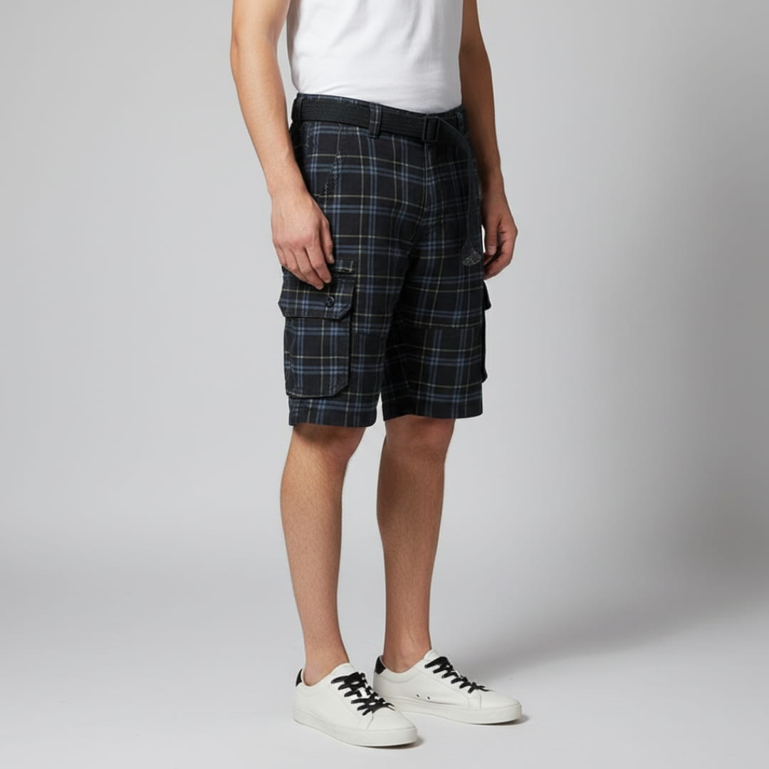 Armando Cotton Blend Check Cargo Shorts – Lightweight Belted Summer Shorts