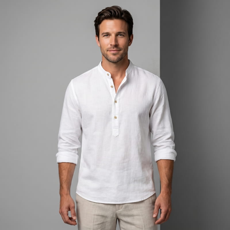 Wesley Linen Henley Shirt – Tailored Breathable Relaxed Everyday Apparel