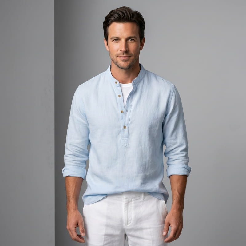 Wesley Linen Henley Shirt – Tailored Breathable Relaxed Everyday Apparel
