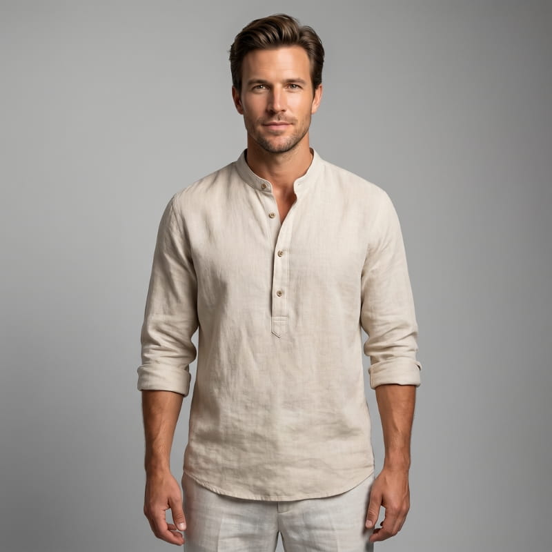 Wesley Linen Henley Shirt – Tailored Breathable Relaxed Everyday Apparel