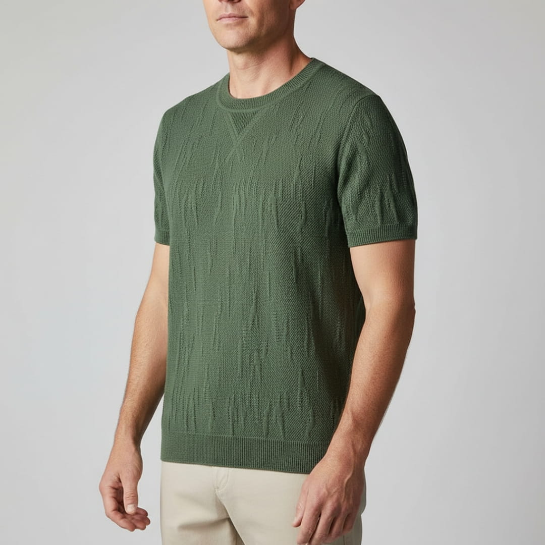 Nathaniel Men’s Textured Knit T-Shirt – Mercerised Cotton with Ribbed Crewneck