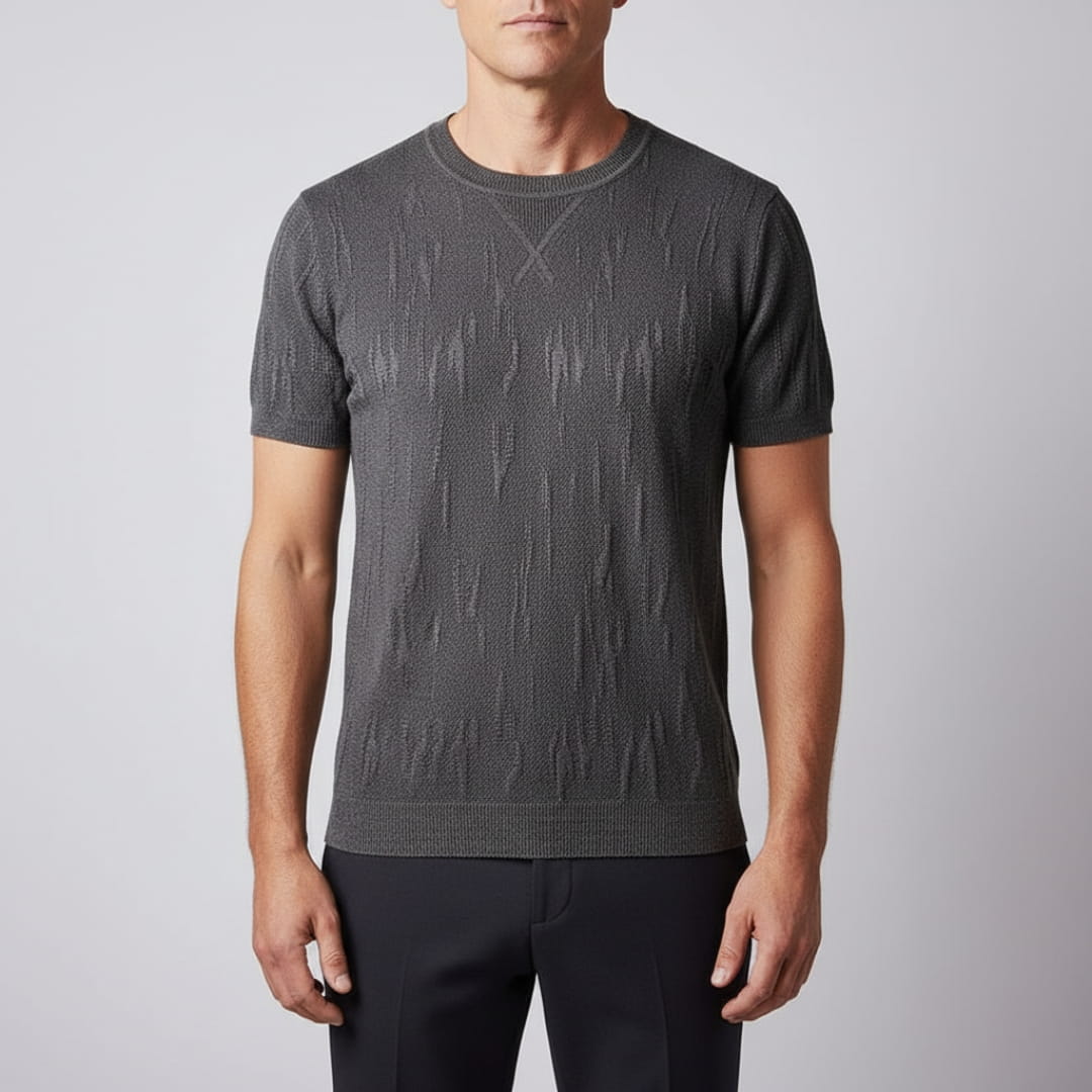 Nathaniel Men’s Textured Knit T-Shirt – Mercerised Cotton with Ribbed Crewneck