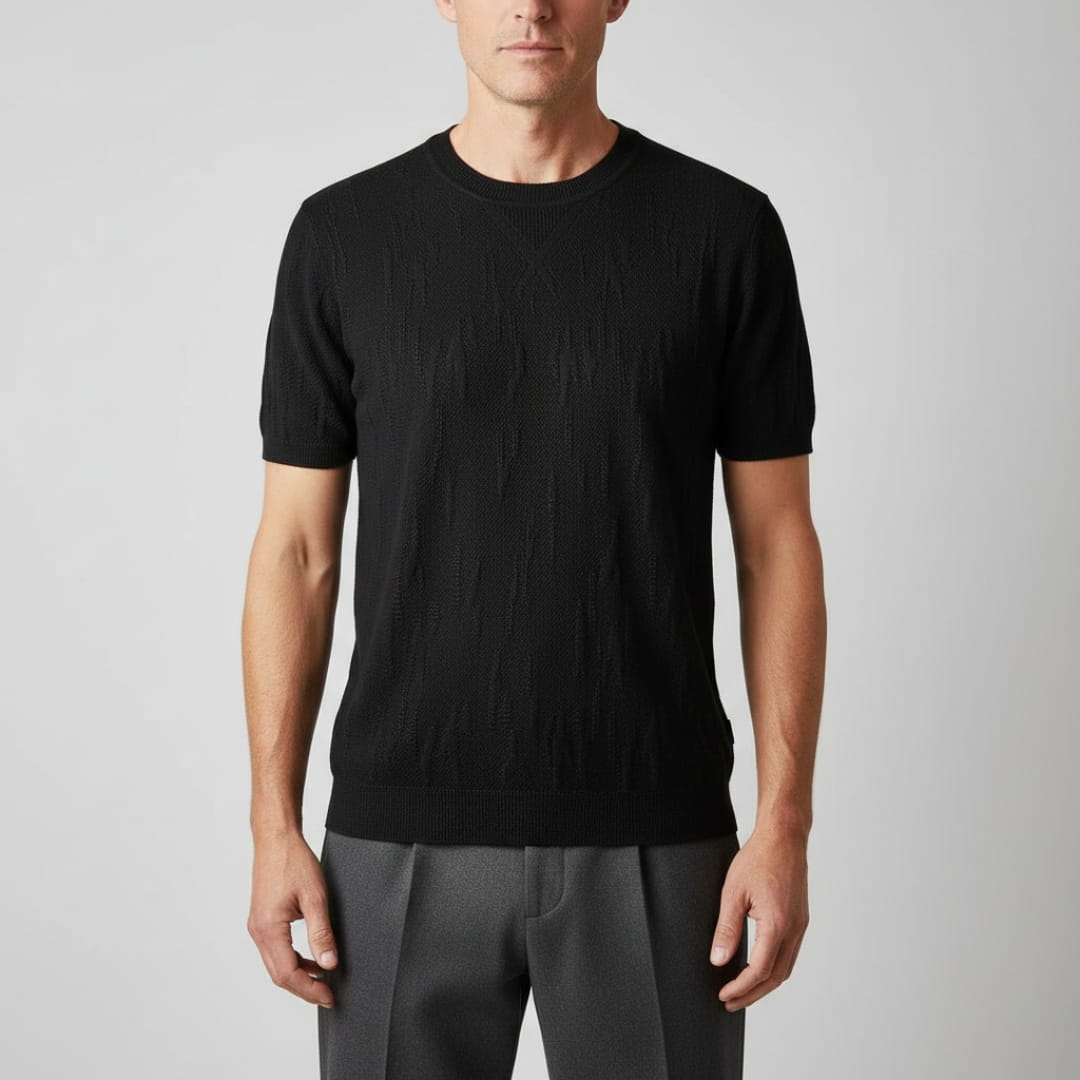 Nathaniel Men’s Textured Knit T-Shirt – Mercerised Cotton with Ribbed Crewneck
