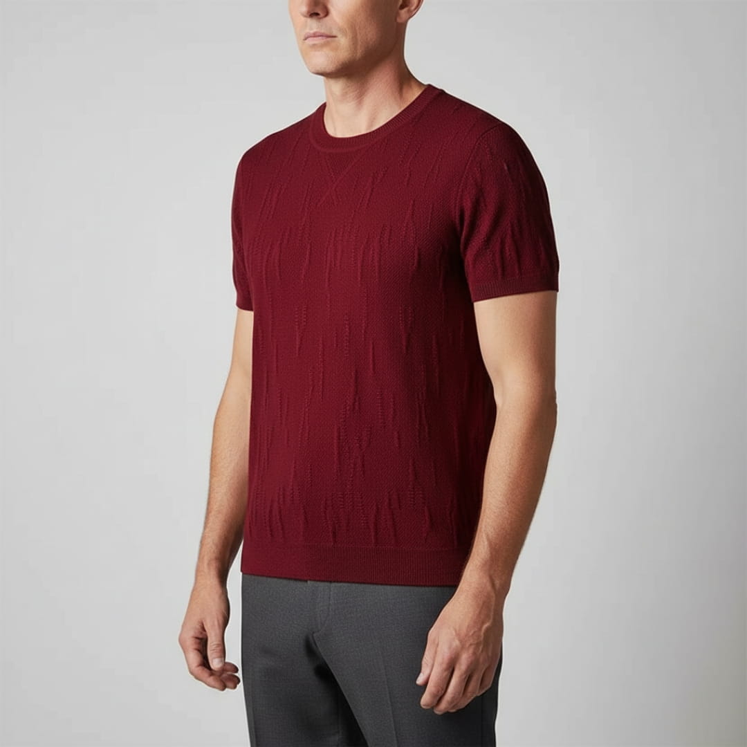 Nathaniel Men’s Textured Knit T-Shirt – Mercerised Cotton with Ribbed Crewneck