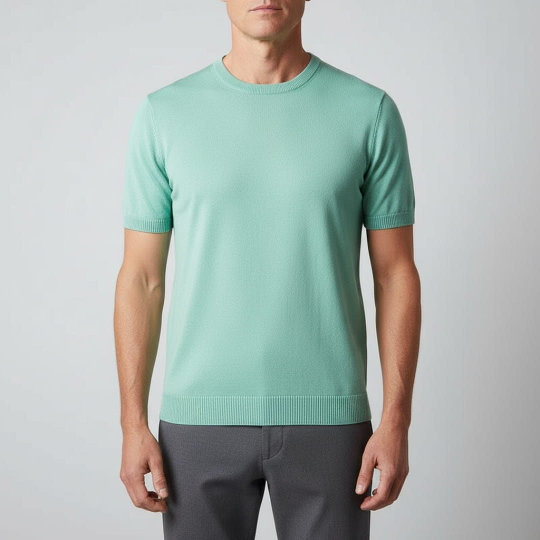 Gabriel Men’s Knit T-Shirt – Mercerised Cotton Blend with Ribbed Crewneck