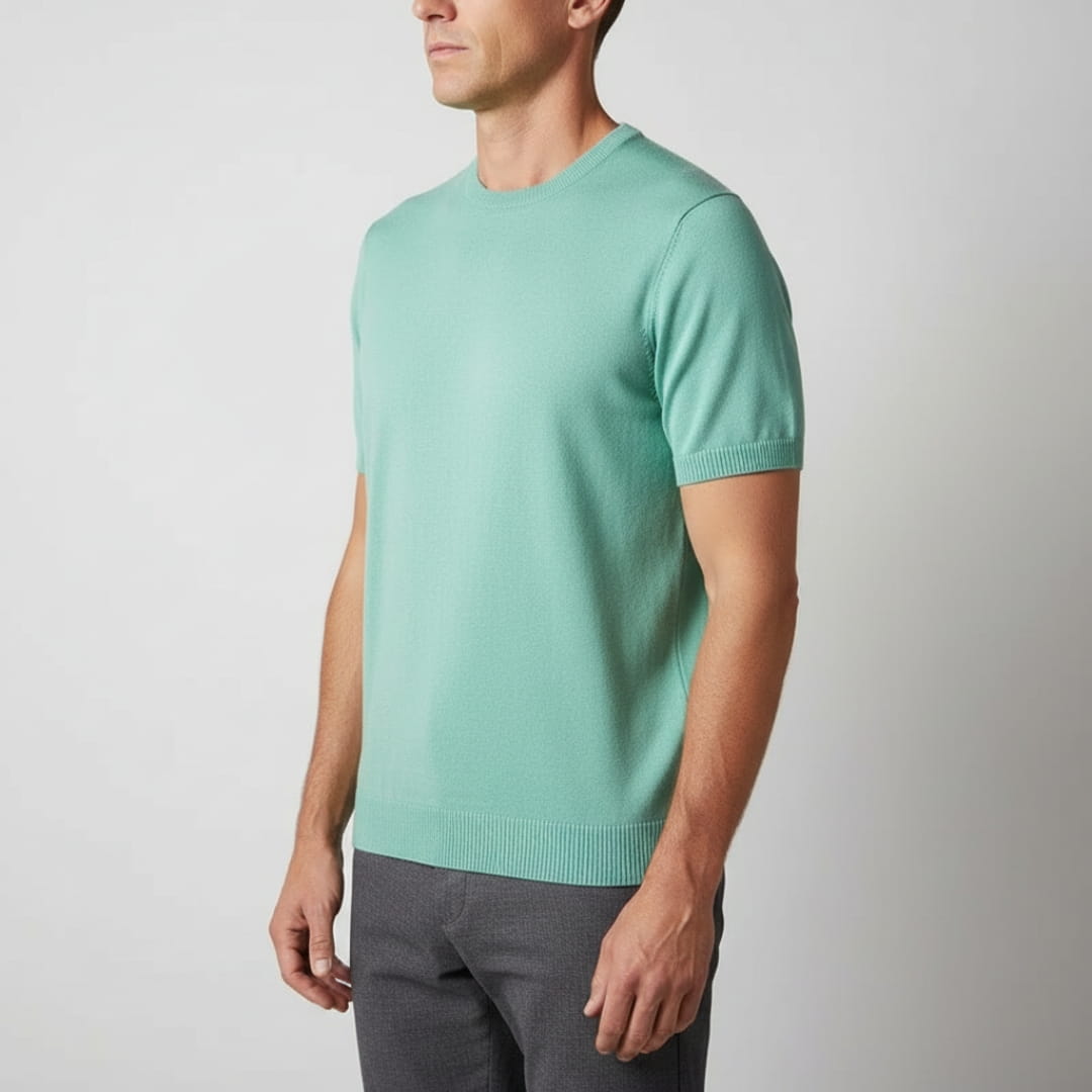 Gabriel Men’s Knit T-Shirt – Mercerised Cotton Blend with Ribbed Crewneck