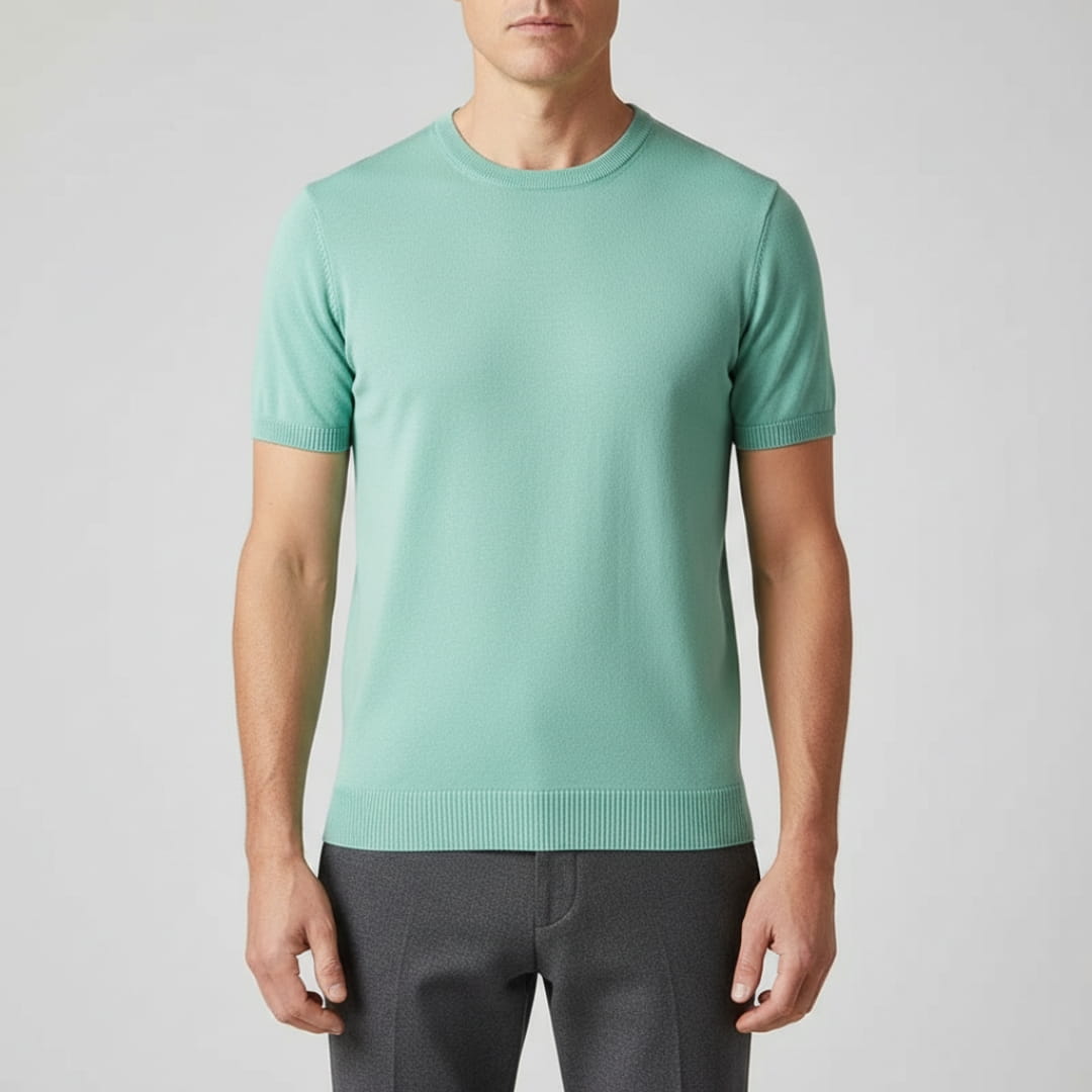 Gabriel Men’s Knit T-Shirt – Mercerised Cotton Blend with Ribbed Crewneck