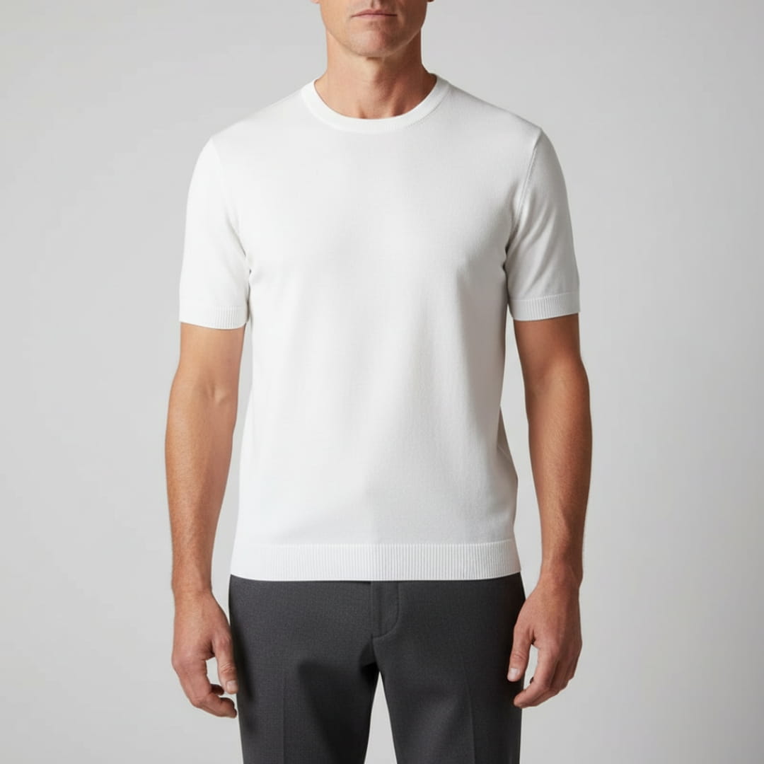 Gabriel Men’s Knit T-Shirt – Mercerised Cotton Blend with Ribbed Crewneck