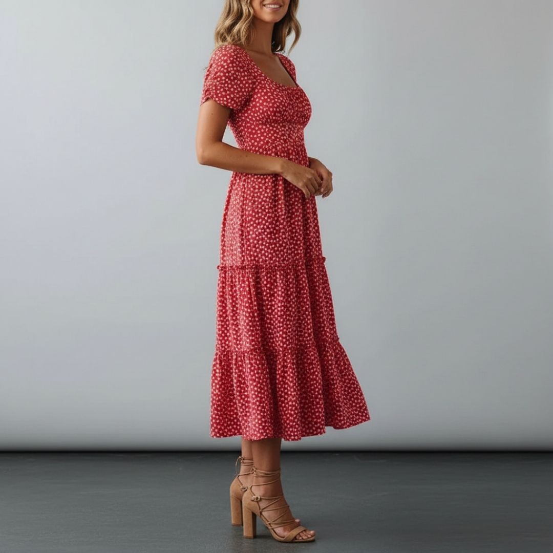 Celestine Floral Cotton Midi Dress – Square Neck Tiered Summer Dress
