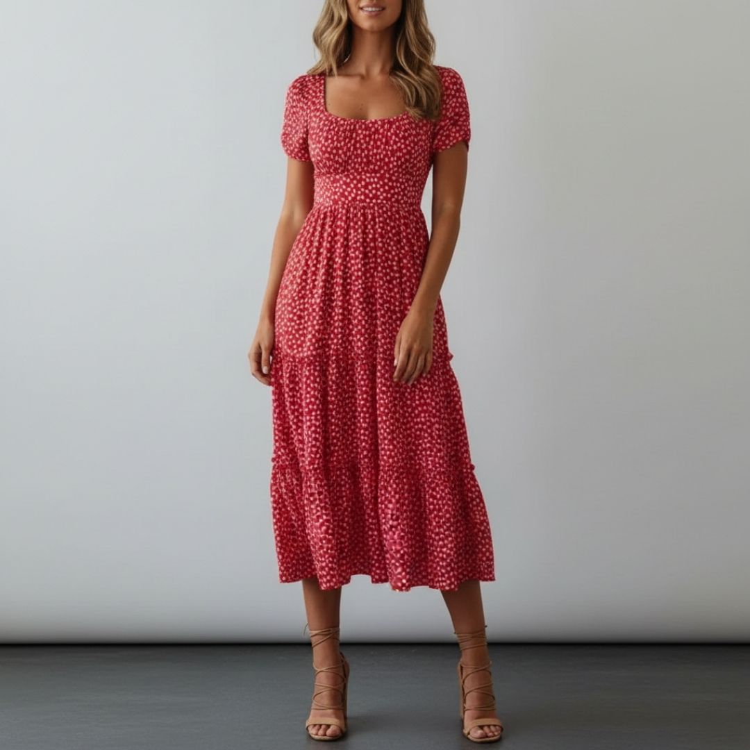 Celestine Floral Cotton Midi Dress – Square Neck Tiered Summer Dress