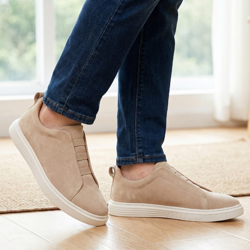 Leonel Suede Slip-On Trainers – Stretch Lace Lightweight Casual Shoes