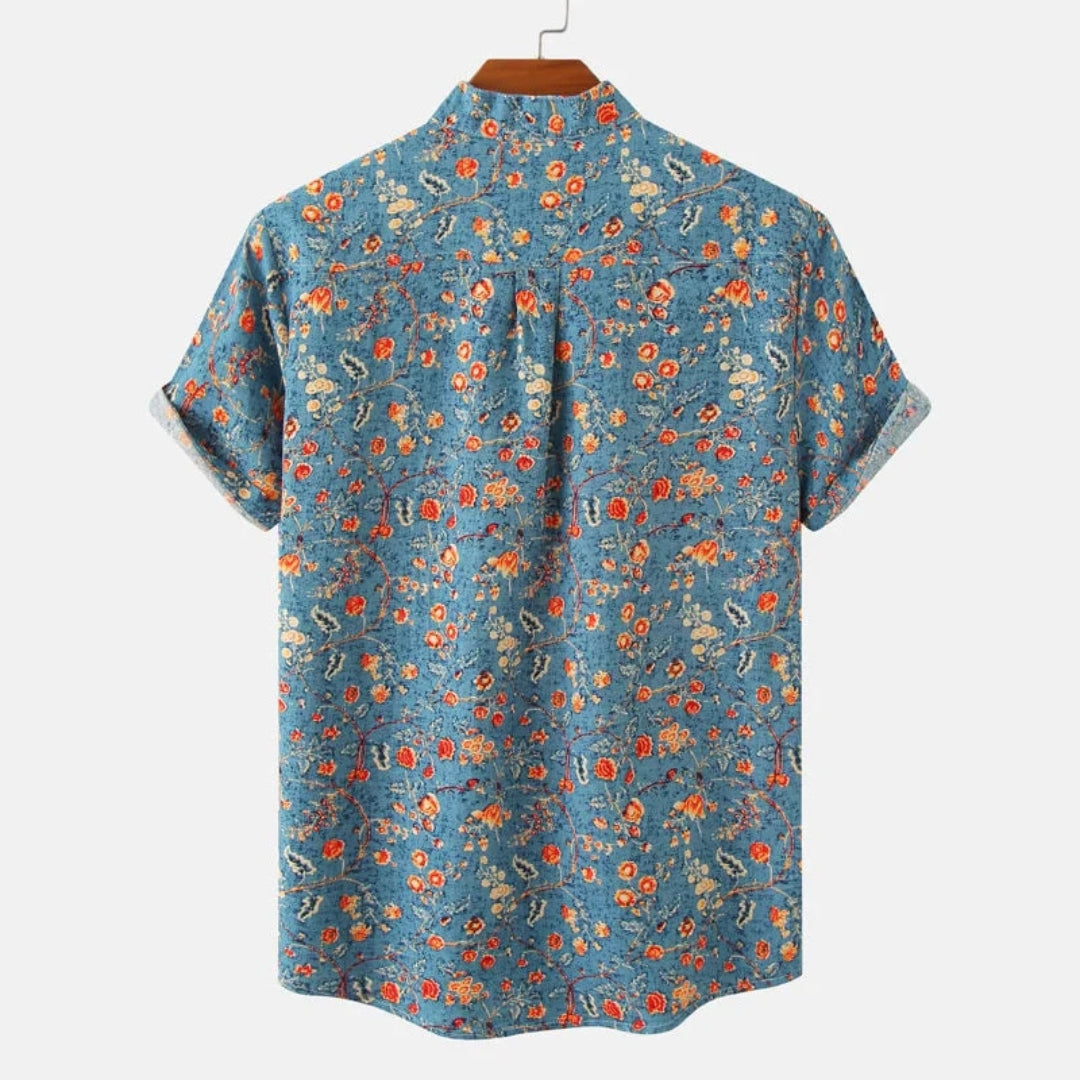 Matthew Men’s Short Sleeve Linen Shirt – Floral Print with Mandarin Collar