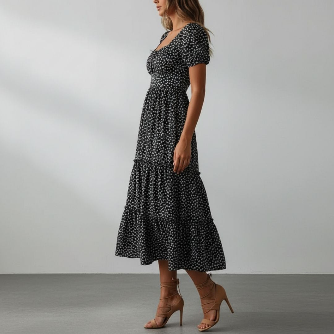 Celestine Floral Cotton Midi Dress – Square Neck Tiered Summer Dress