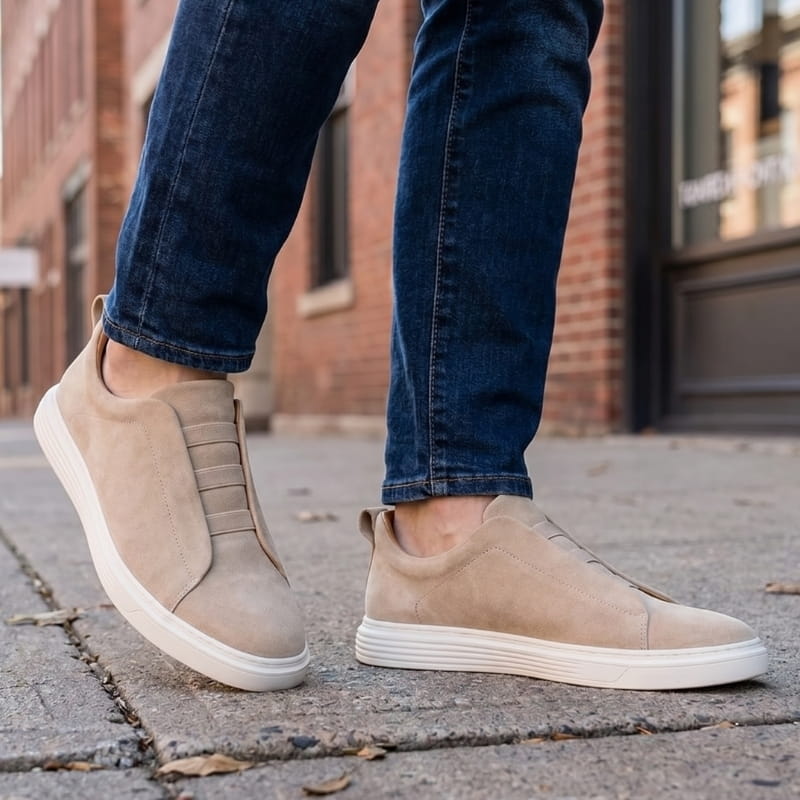 Leonel Suede Slip-On Trainers – Stretch Lace Lightweight Casual Shoes