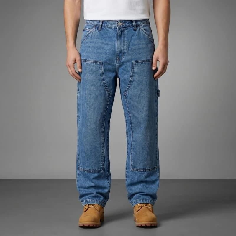 Reynando Craftsman Wide-Leg Carpenter Jeans Retro Utility Denim Cargo Pants