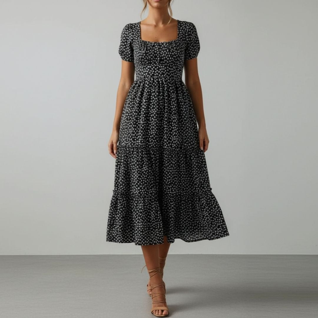 Celestine Floral Cotton Midi Dress – Square Neck Tiered Summer Dress