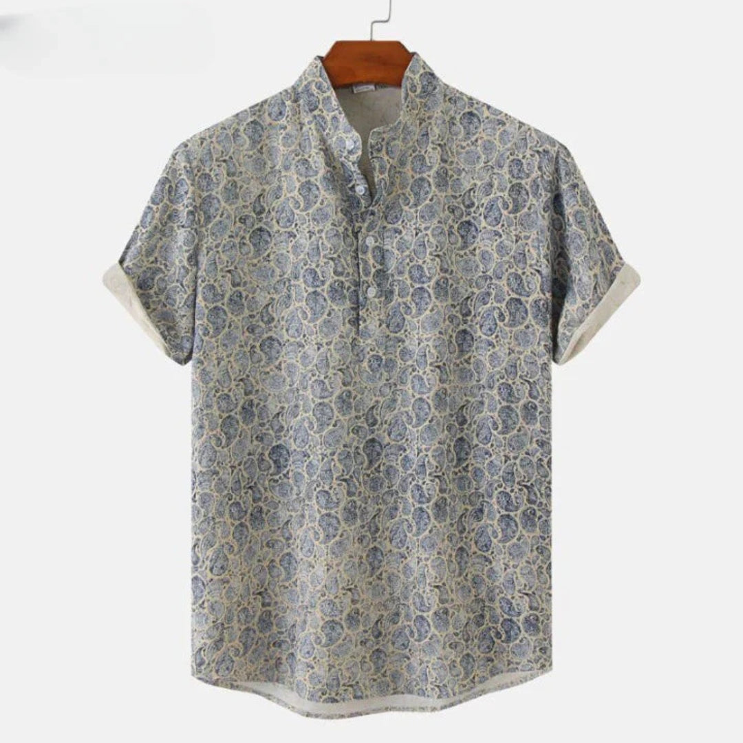 Matthew Men’s Short Sleeve Linen Shirt – Floral Print with Mandarin Collar