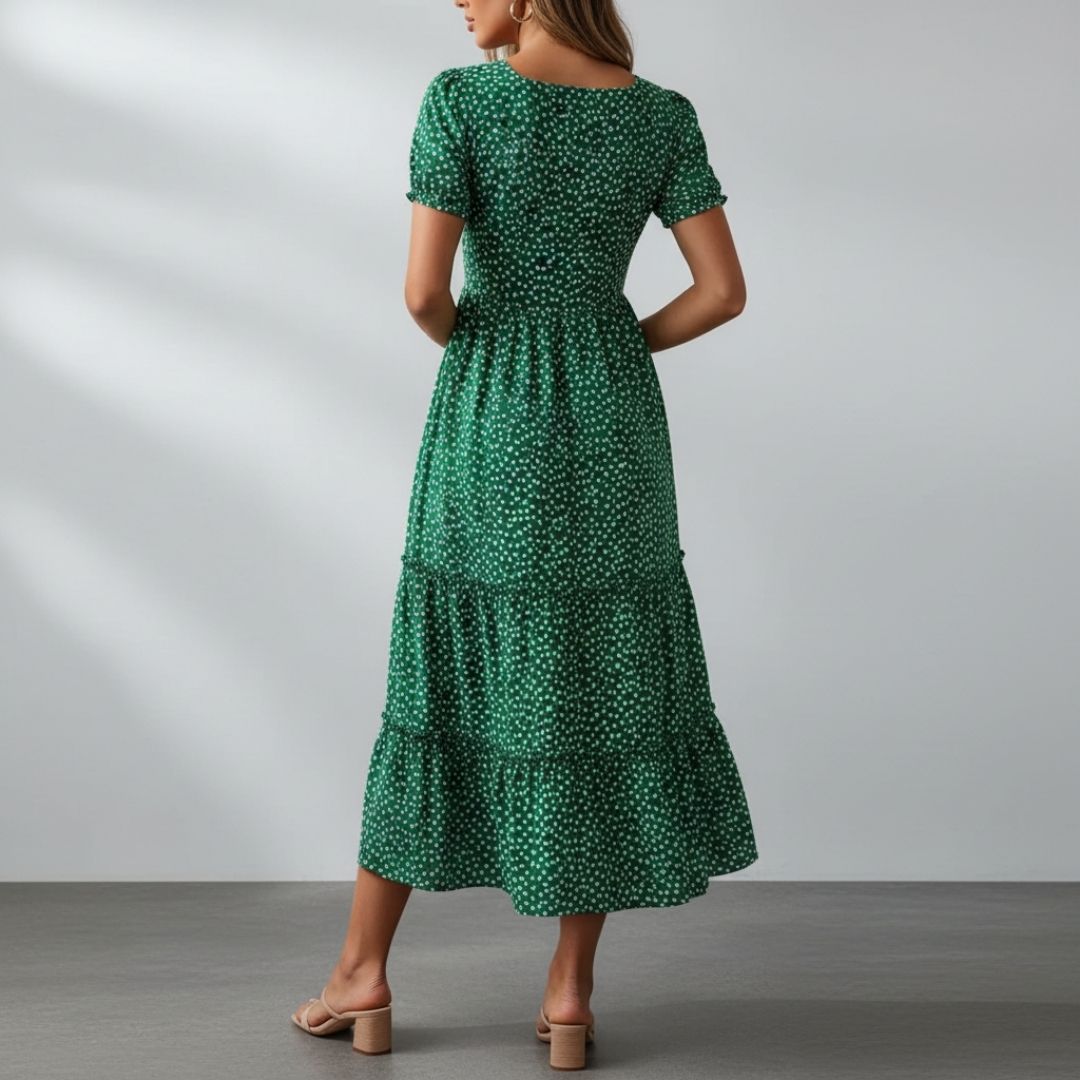 Celestine Floral Cotton Midi Dress – Square Neck Tiered Summer Dress