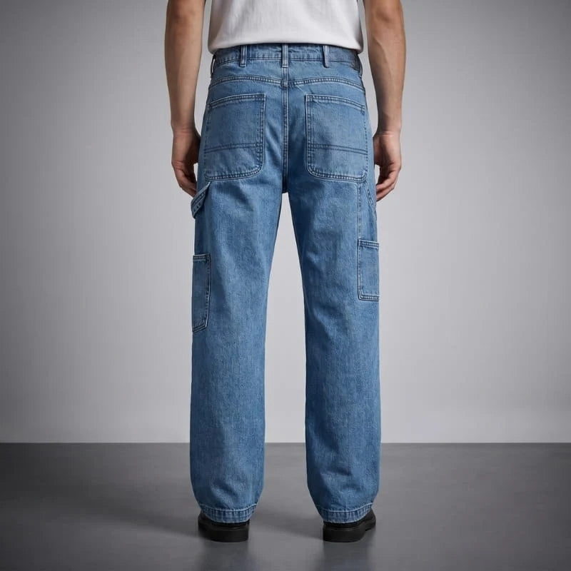 Reynando Craftsman Wide-Leg Carpenter Jeans Retro Utility Denim Cargo Pants