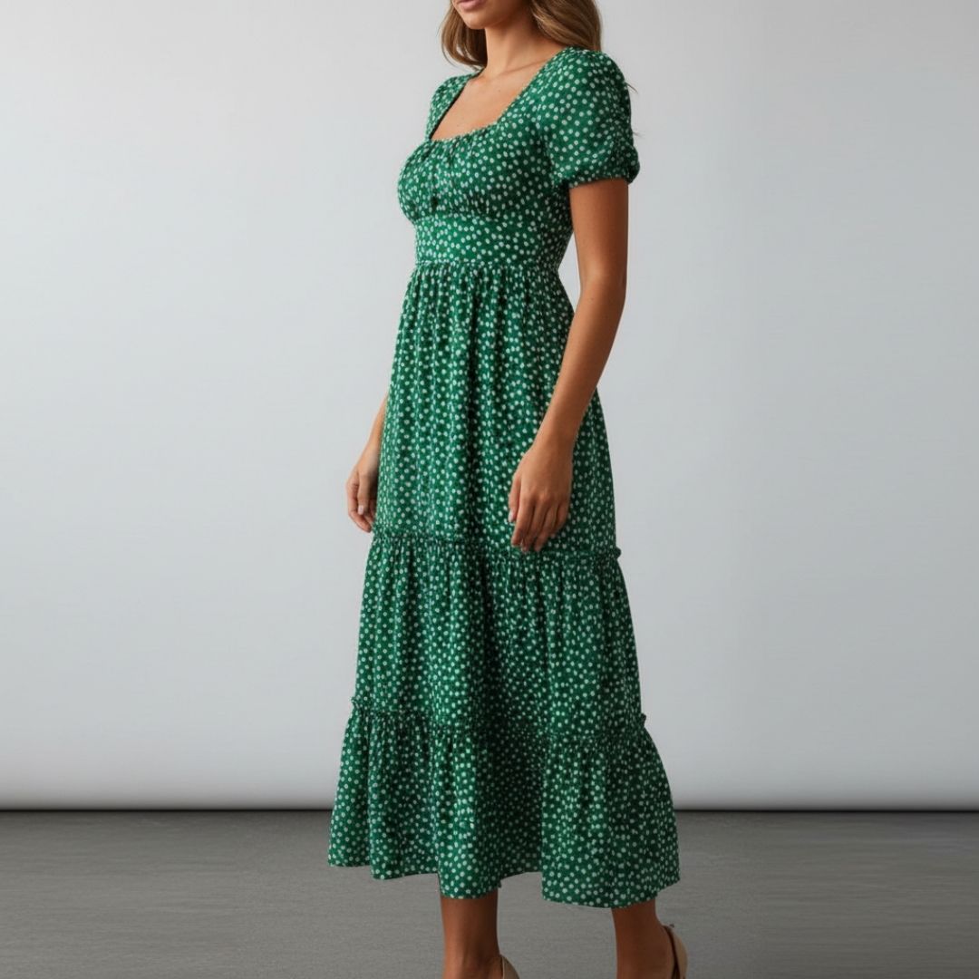 Celestine Floral Cotton Midi Dress – Square Neck Tiered Summer Dress