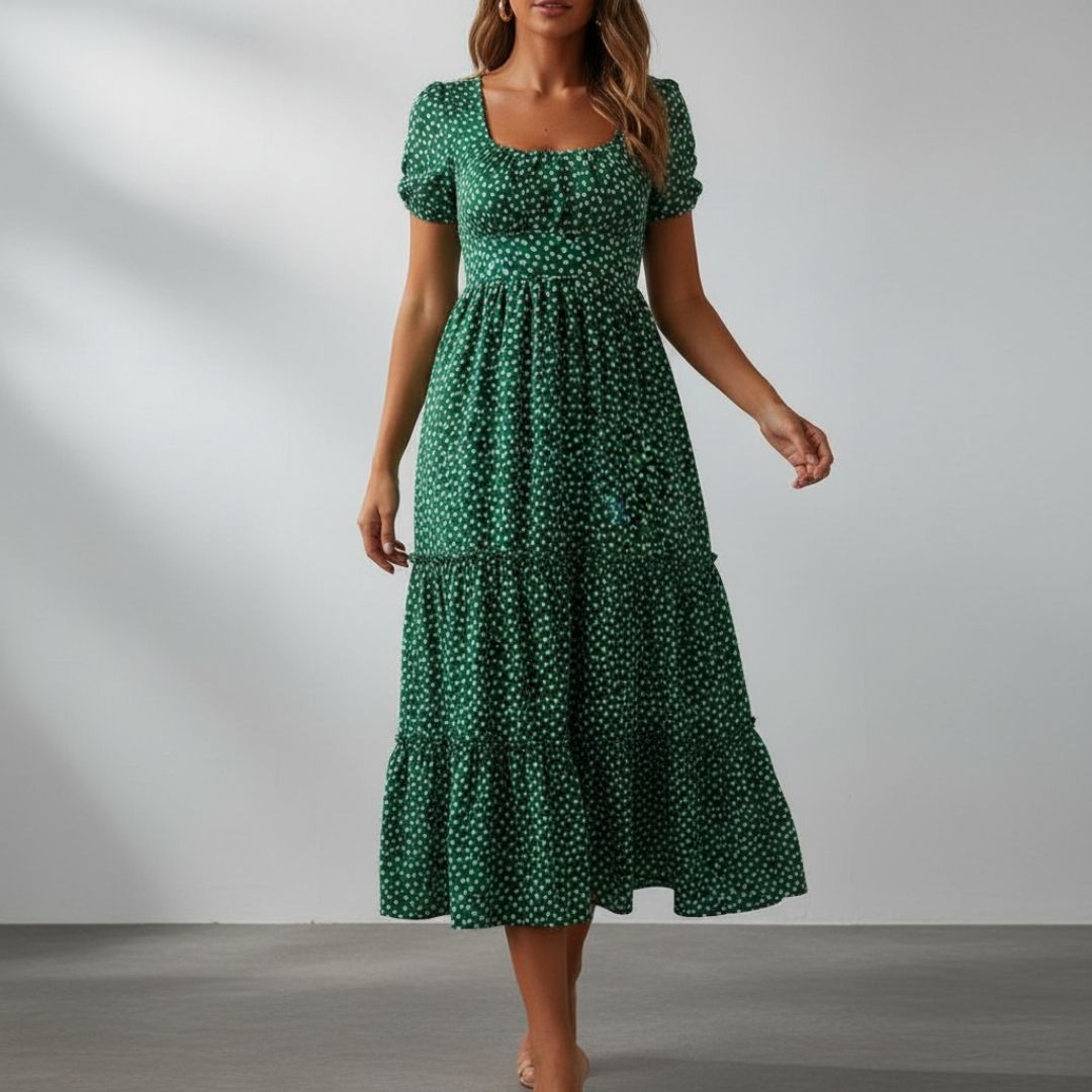 Celestine Floral Cotton Midi Dress – Square Neck Tiered Summer Dress