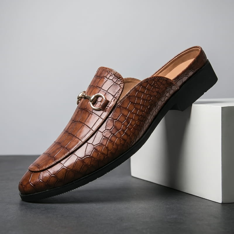 Rafael Leather Mule Clogs – Croc-Embossed Gold-Tone Slip-On Footwear