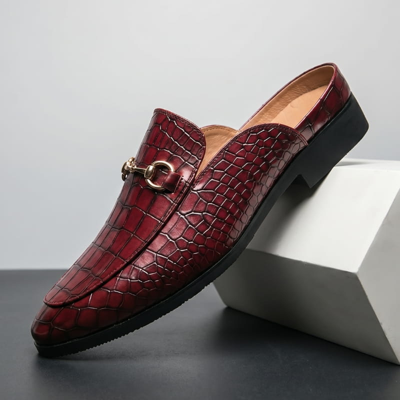 Rafael Leather Mule Clogs – Croc-Embossed Gold-Tone Slip-On Footwear