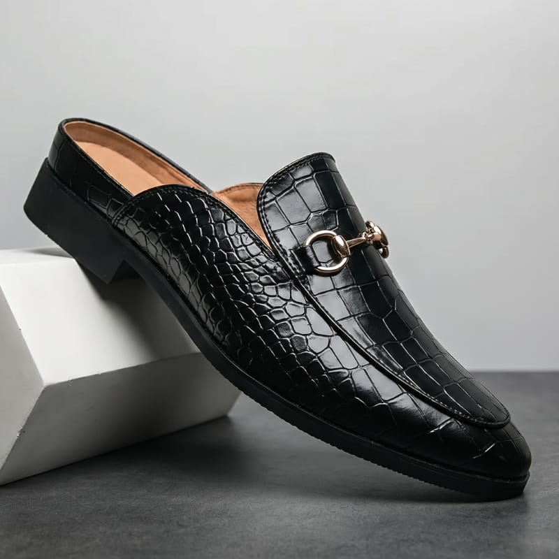 Rafael Leather Mule Clogs – Croc-Embossed Gold-Tone Slip-On Footwear