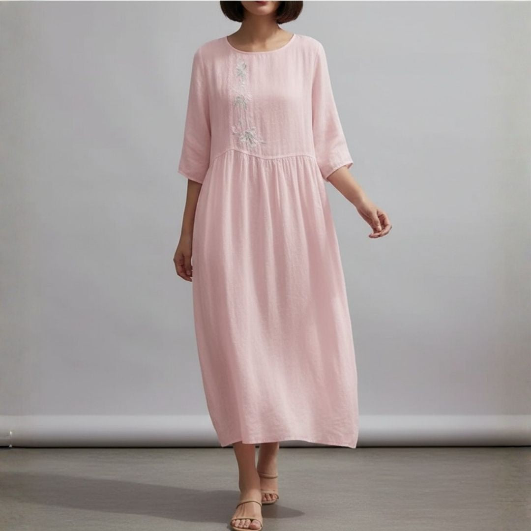 Marcelline Embroidered Cotton Midi Dress – Airy Pullover Everyday Casual Dress