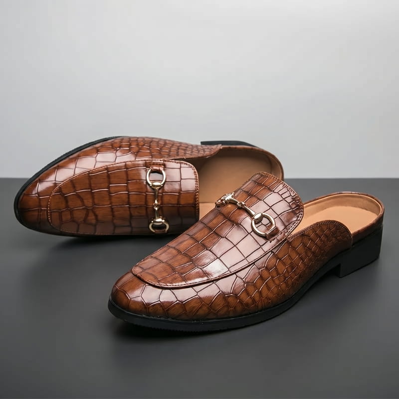 Rafael Leather Mule Clogs – Croc-Embossed Gold-Tone Slip-On Footwear